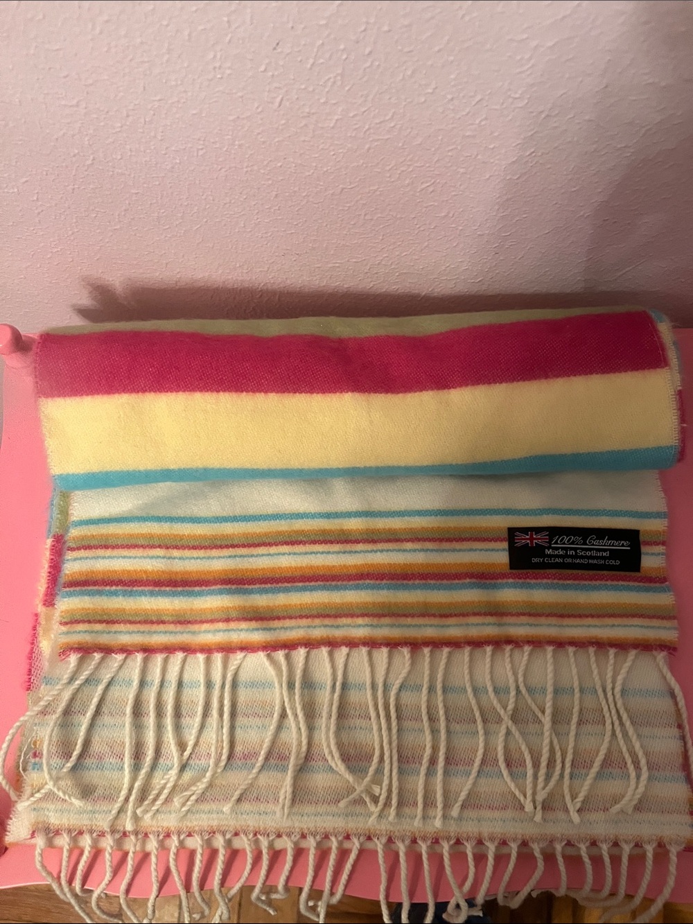 100% Cashmere Striped Multicolor Scarf - Pastel Yellow, Pink & Blue